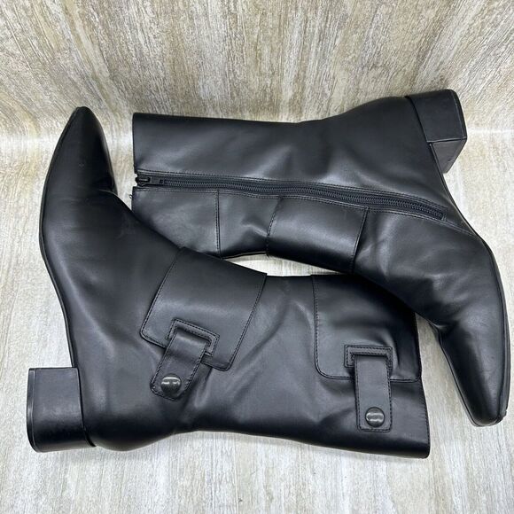 Aerosoles Boots Womens 9 Black Mid Calf Black Leather Zip Up Riding Square Toe - Picture 7 of 9